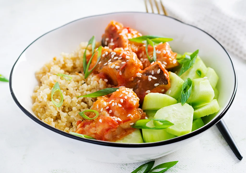 Teriyaki chicken bowl with tender chicken, rice, and vegetables