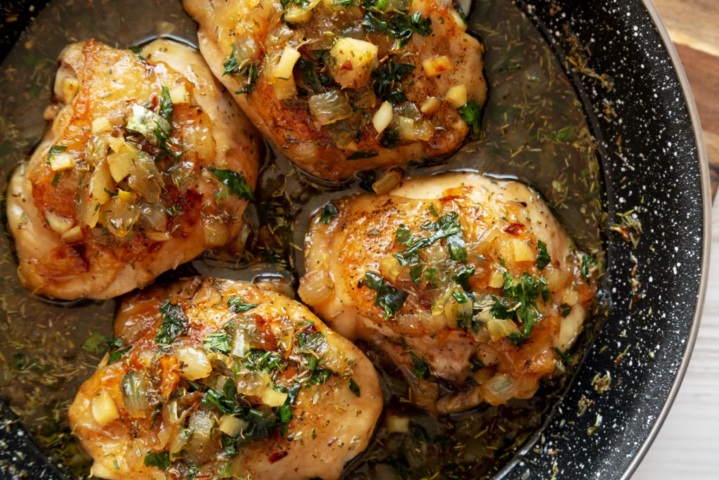 One-pan honey garlic chicken with tender chicken pieces in a sweet and savory garlic sauce