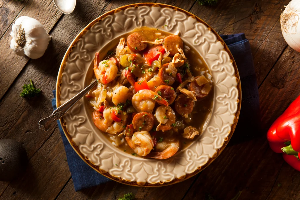 Smoky shrimp with sliced chorizo cooked in a rich paprika-infused sauce, garnished with fresh parsley and served in a rustic skillet with lemon wedges.