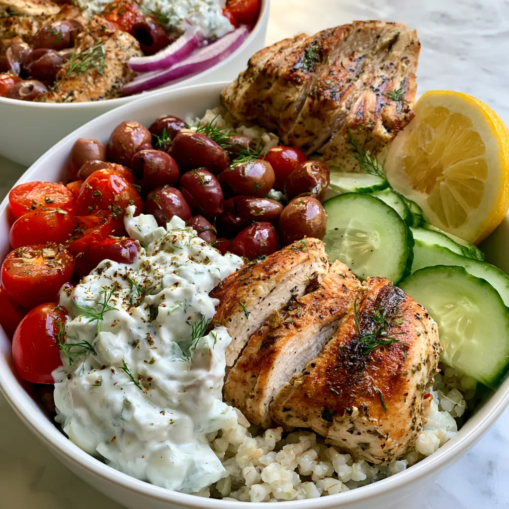 Healthy Greek Chicken Bowls with Tzatziki, fresh vegetables, rice, feta, olives, and grilled chicken