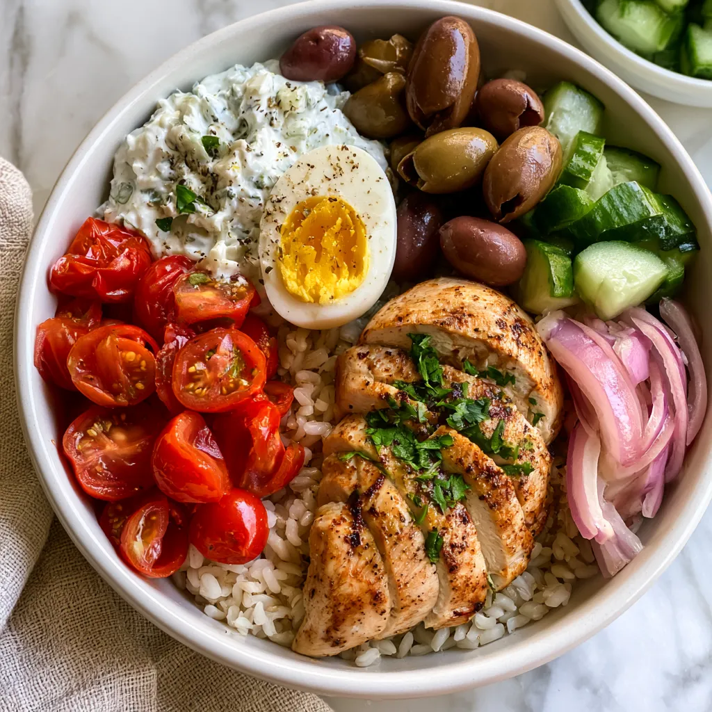 Healthy Greek Chicken Bowls with Tzatziki, fresh vegetables, rice, feta, olives, and grilled chicken