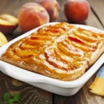 Classic homemade Peach Cobbler with fresh peaches and golden topping