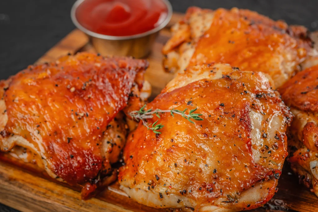 Roasted chicken thighs with crispy bacon, tender cabbage, and caramelized apples