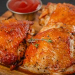 Roasted chicken thighs with crispy bacon, tender cabbage, and caramelized apples