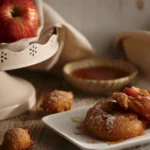 Glazed apple pie fritters topped with sweet vanilla glaze, homemade fall dessert with cinnamon and fresh apples