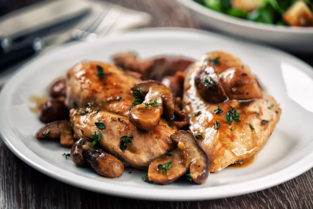 Creamy chicken Marsala with tender chicken breasts and sautéed mushrooms in a rich sauce