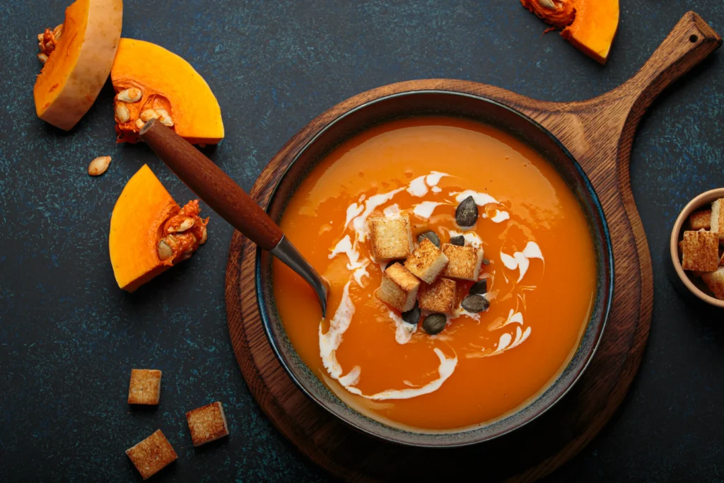 3-ingredient pumpkin soup served warm in a bowl
