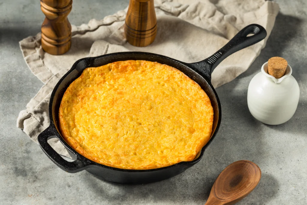 Southern Spoonbread creamy corn casserole with a golden-brown top in a baking dish