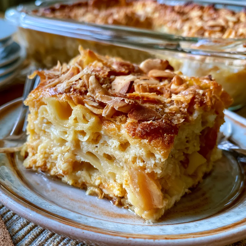 Homemade noodle kugel baked with egg noodles, creamy custard, and a golden-brown top.